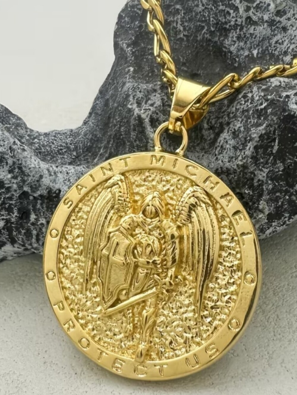 St Michael the Archangel Catholic Medal Amulet Pendant Necklace Rolo Curb Gold